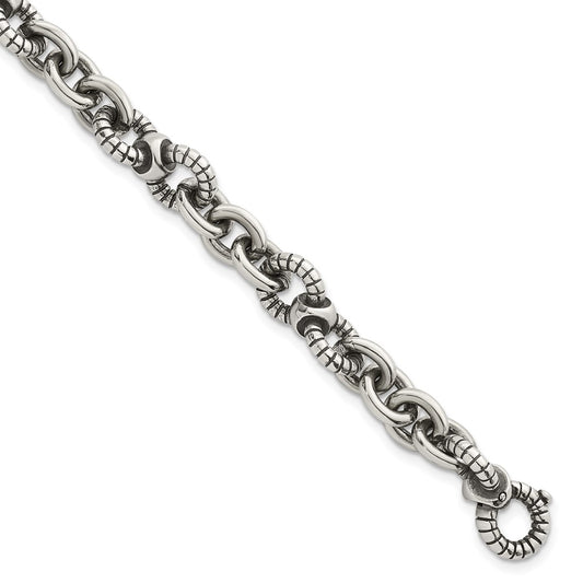 Sterling Silver Oxidized Round Textured Link Men's Bracelet