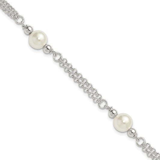 Sterling Silver Polished 2-Strand Glass Pearl Bracelet