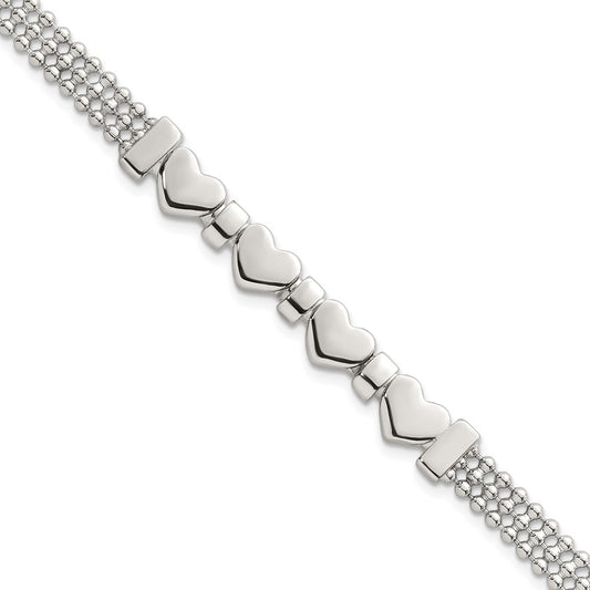Sterling Silver Polished and Beaded Hearts 7.25 Inch Bracelet