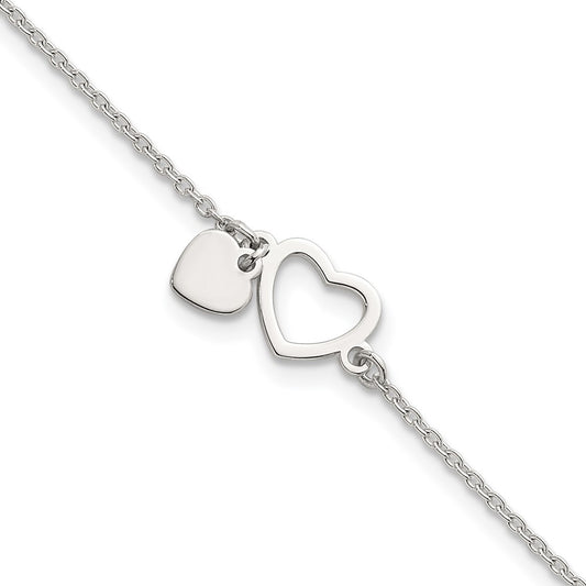 Sterling Silver Polished Double Heart w/1in Ext Bracelet