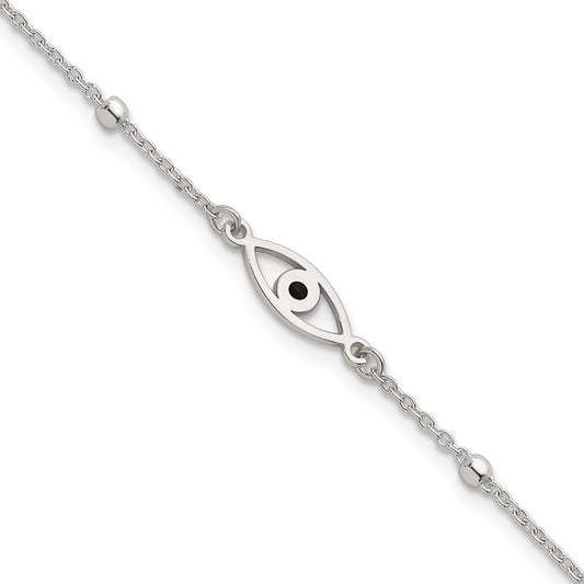 Sterling Silver Polished Black Enamel Evil Eye w/1in Ext Bracelet