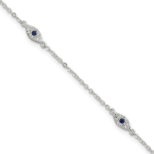 Sterling Silver Polished Blue and White CZ Evil Eye 7in w/ 1in Ext Bracelet
