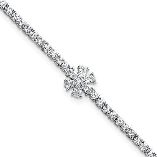 Sterling Silver Rhodium-plated Polished CZ Flower Tennis Bracelet