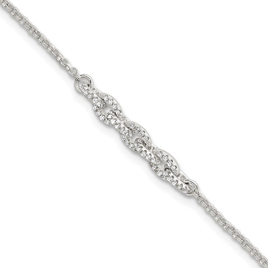 Sterling Silver Polished CZ Cable Link 6.75 Inch with .5 Inch Ext Bracelet