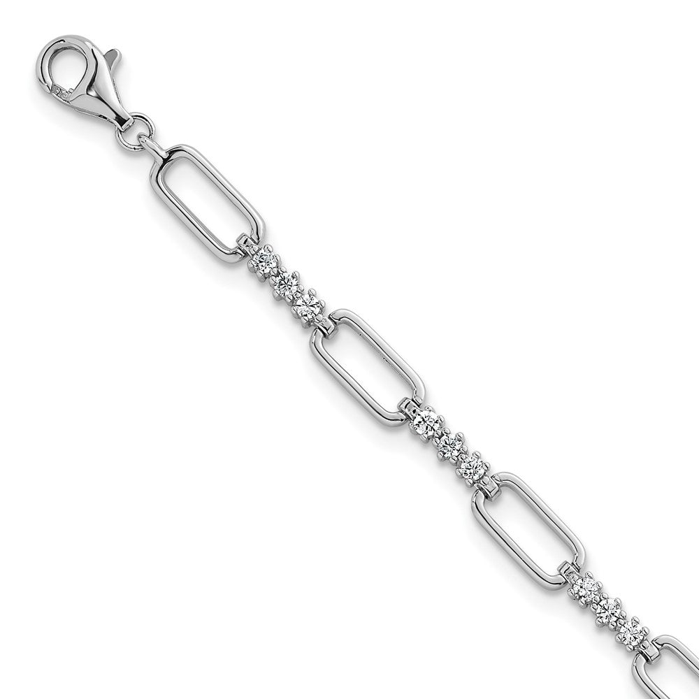 Sterling Silver RH-plated Polished CZ Link 7in w/1in Ext Bracelet