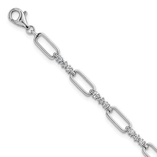 Sterling Silver RH-plated Polished CZ Link 7in w/1in Ext Bracelet