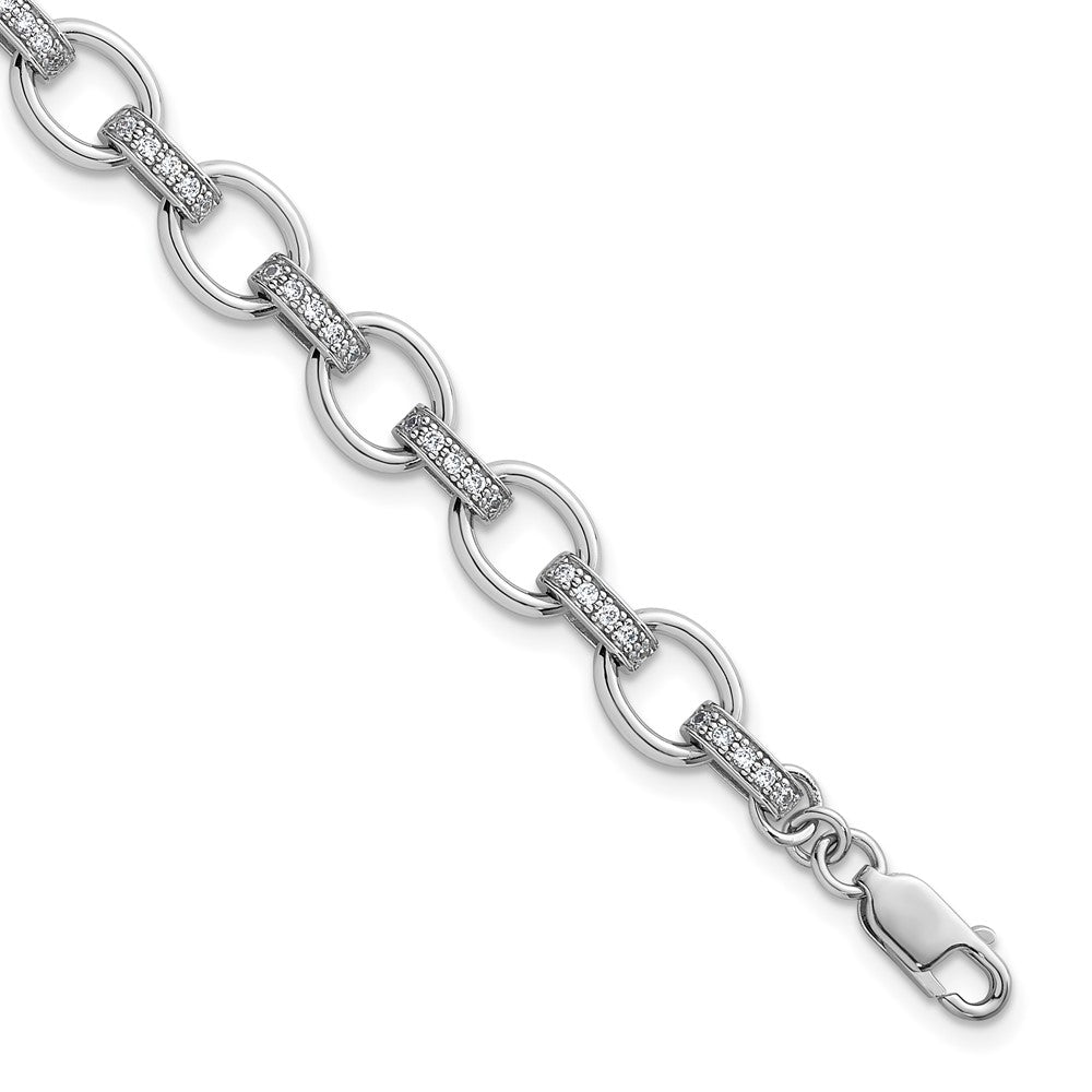 Sterling Silver Rh-plated CZ 7in w/.75in ext. Fancy Link Bracelet