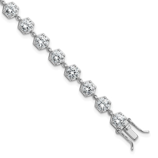 Sterling Silver RH-plated Polished CZ Hexagon 8 Inch Bracelet