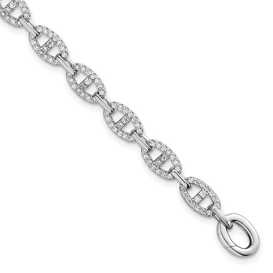 Sterling Silver Rhodium-plated Polished CZ Anchor Link Bracelet