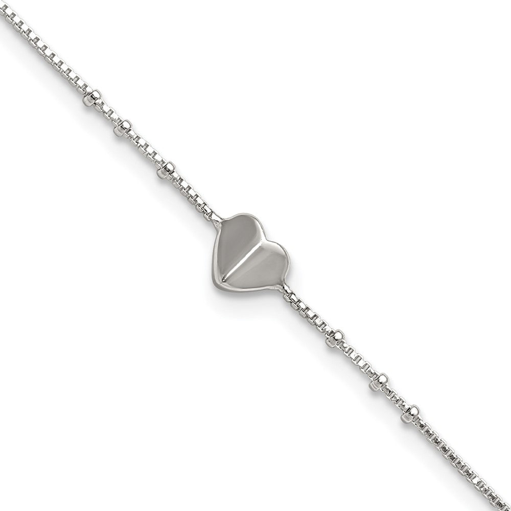 Sterling Silver Polished and Beaded Heart 9in Plus 1in Ext Anklet