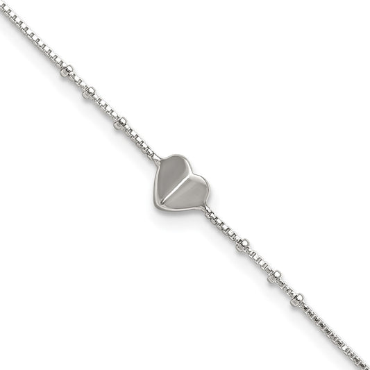 Sterling Silver Polished and Beaded Heart 9in Plus 1in Ext Anklet