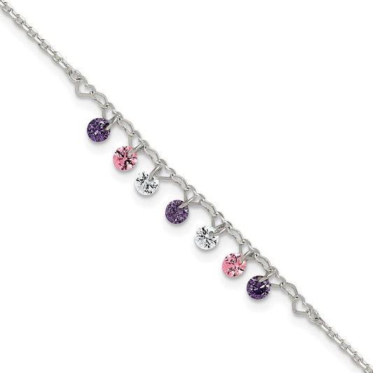 Sterling Silver Polished Multicolor CZ and Hearts 9in Plus 1in Ext Anklet