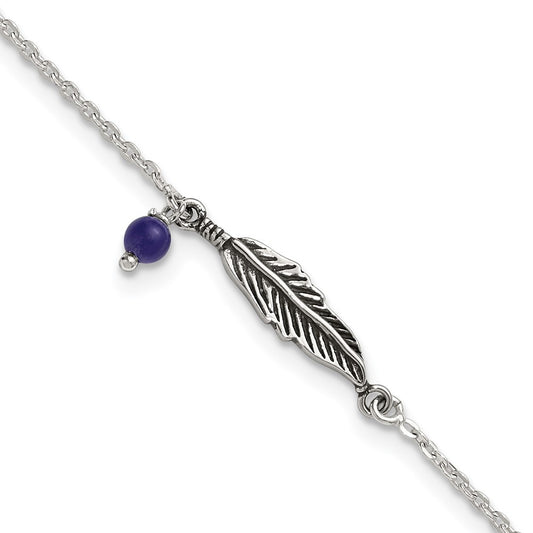 SSilver Oxidized Polished Blue Lapis Bead and Feather 9in Plus 1in Ext Ankl