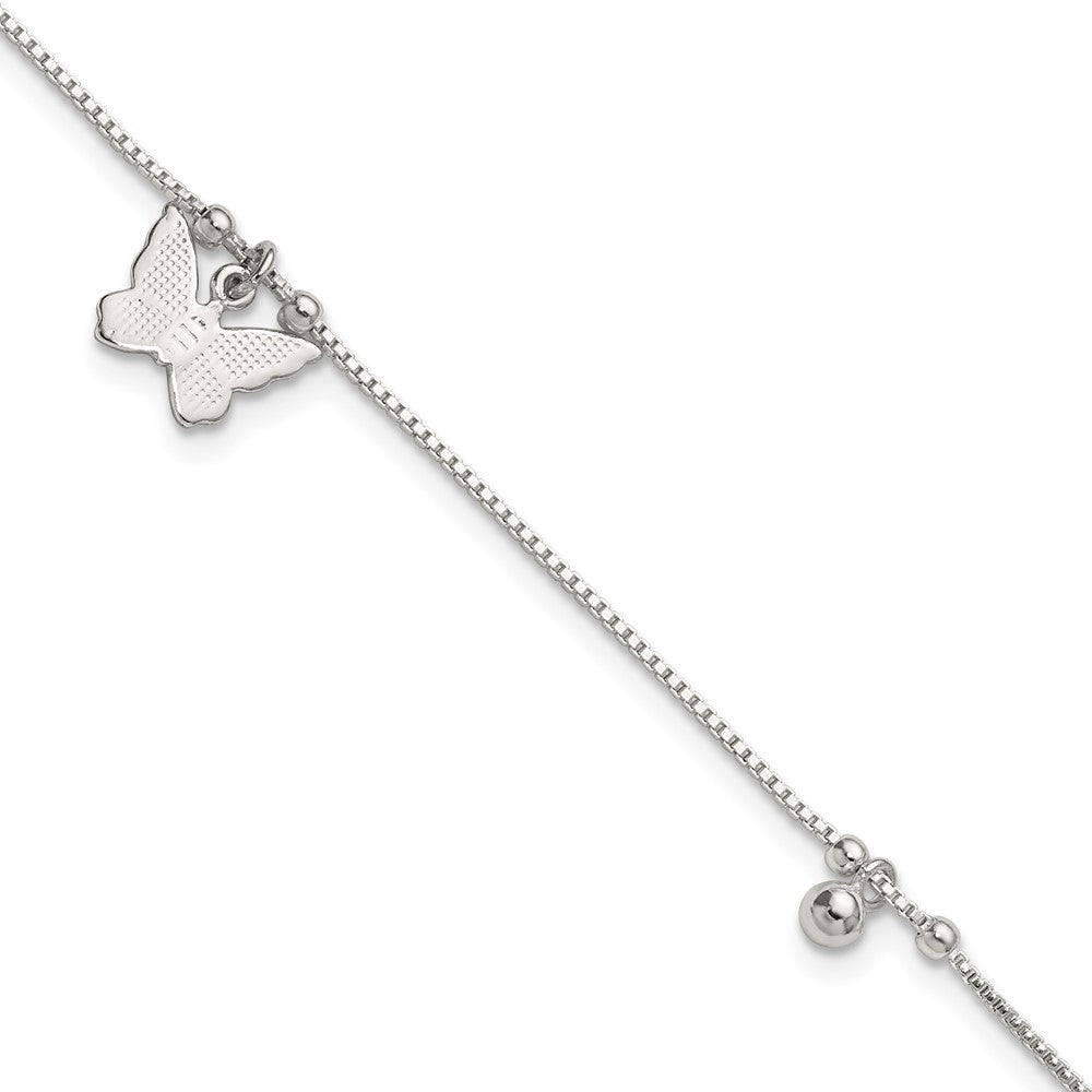 Sterling Silver Textured and Beaded Butterfly 9in Plus 1in Ext Anklet
