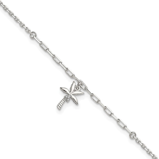 Sterling Silver Polished CZ Palm Tree 9in Plus 1in Ext Anklet