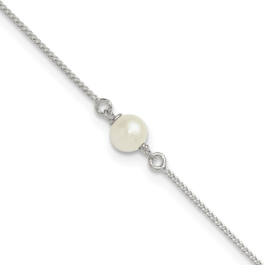 Sterling Silver Polished Freshwater Cultured Pearl 9in Plus 1in Ext Anklet