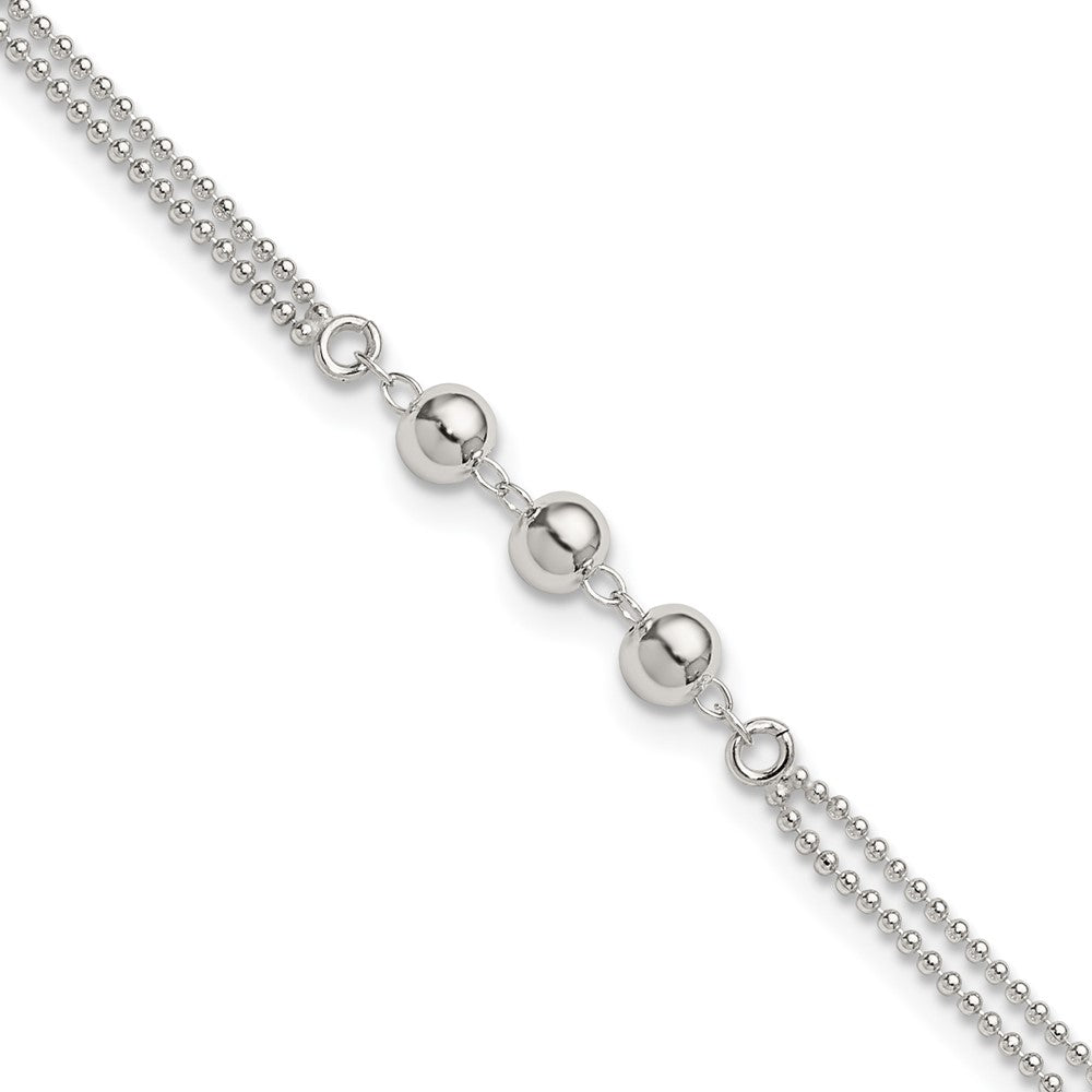 Sterling Silver Polished Beaded 2-Strand 9in Plus 1in Ext Anklet