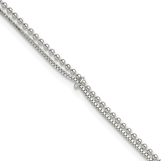 Sterling Silver Polished Beaded 2 Strand 9in Plus 1in Ext Anklet