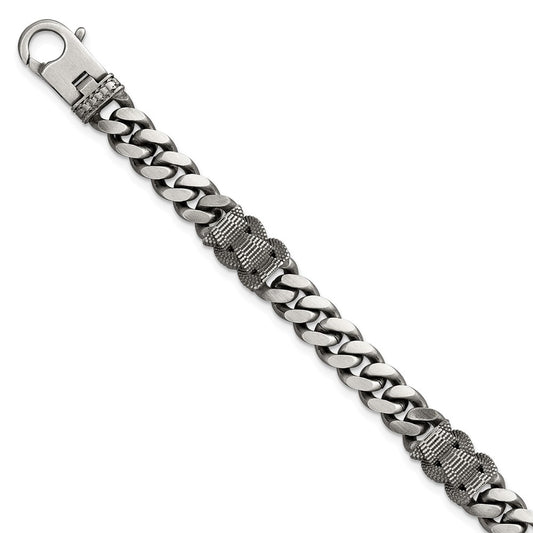 Sterling Silver Black Ruthenium Brushed Flat Curb Chain Men's Bracelet