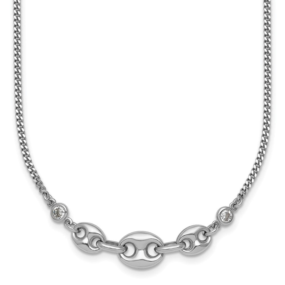 Sterling Silver Rh-plated CZ Puffed Mariner 16in w/ 2in Ext Necklace