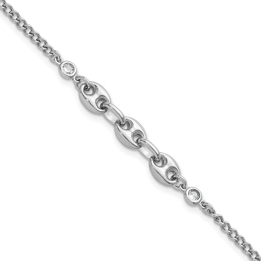 Sterling Silver Rh-plated CZ Puffed Mariner 7in w/ 1in Ext Bracelet
