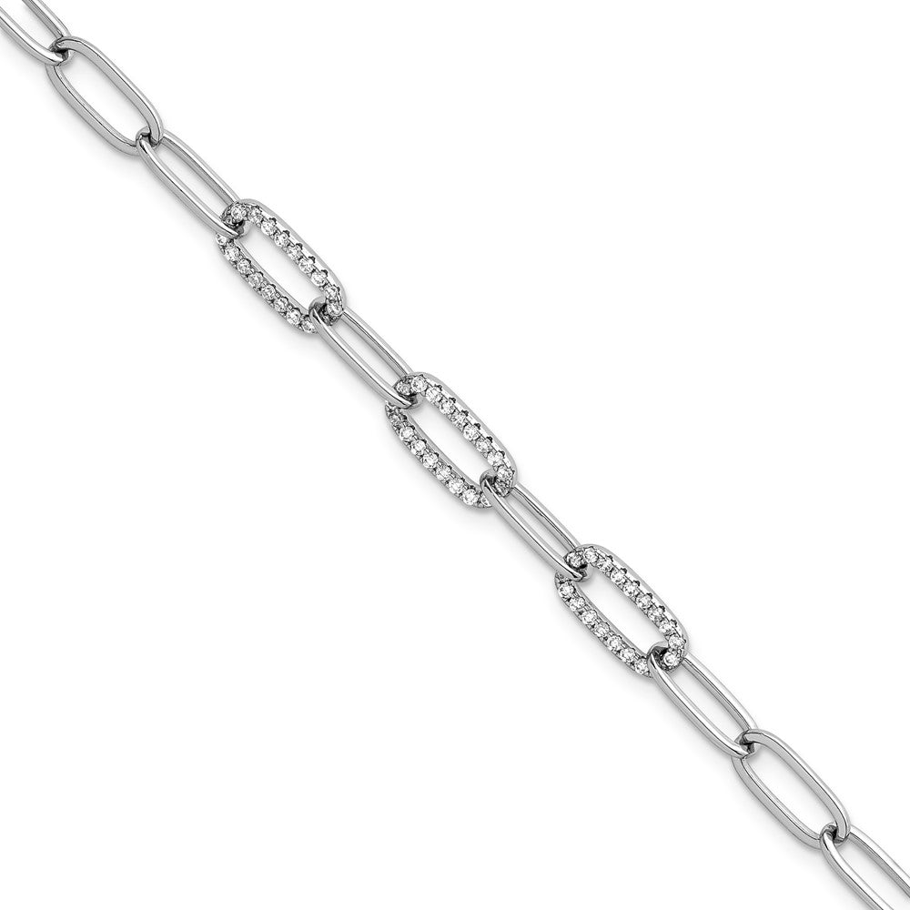 Sterling Silver RH-plated Polished Fancy CZ Paperclip Chain 7in Bracelet