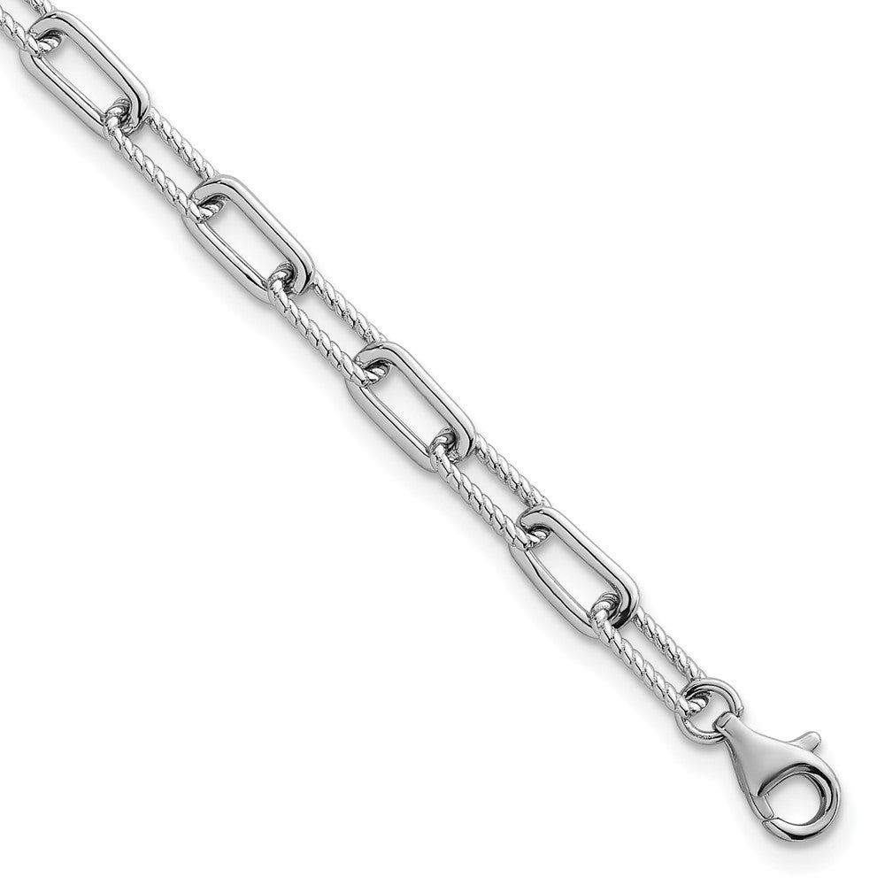 Sterling Silver RH-plated Polished and Twisted Link 7in w/ 1in Ext Bracelet