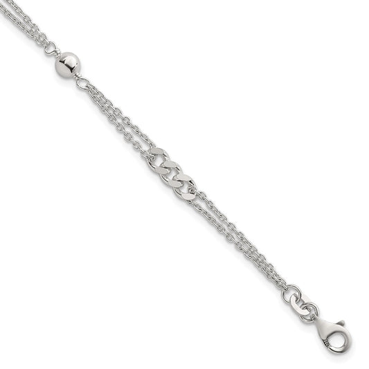 Sterling Silver Polished and Beaded Fancy 2-Strand Link 7.25in Bracelet