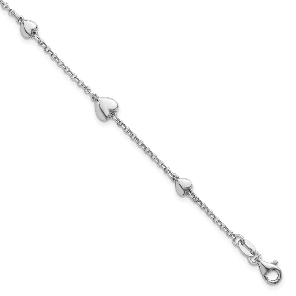 Sterling Silver Rh-plated Polished Hearts 7in w/ 1in Ext Bracelet