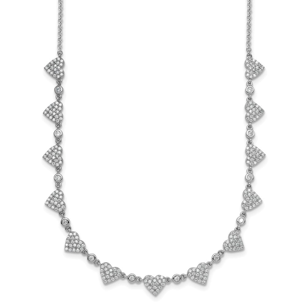 Sterling Silver RH-plated Pave CZ Small Hearts 16in w/ 2in Ext Necklace