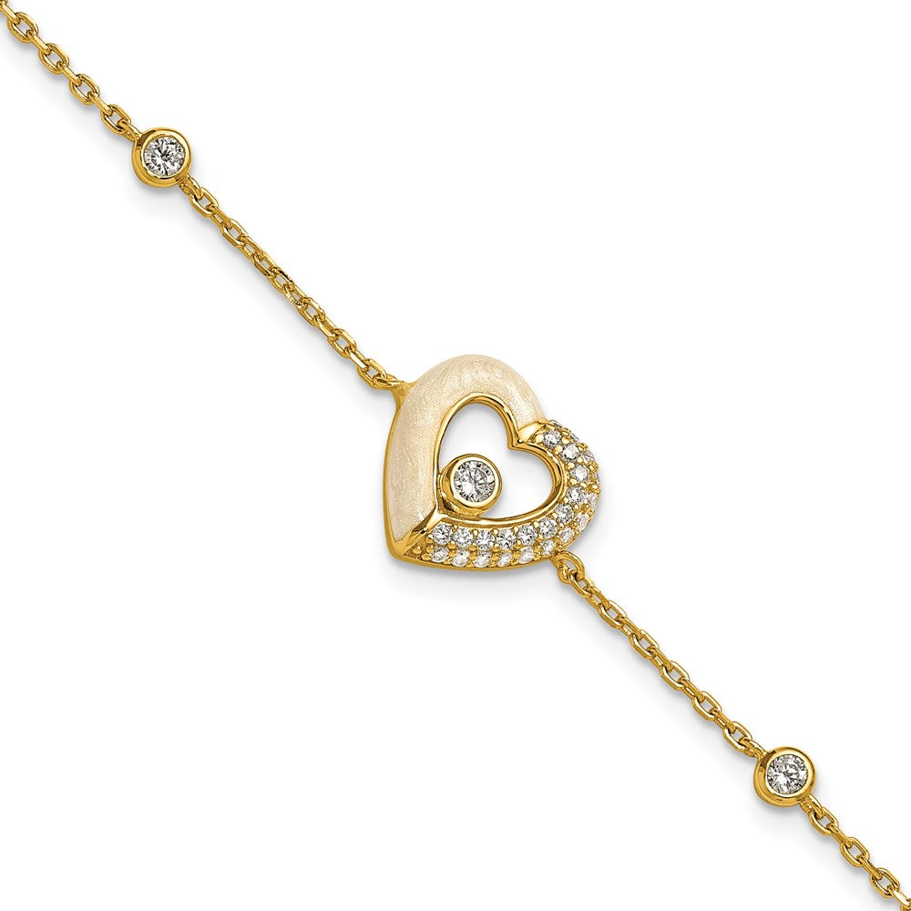 Sterling Silver Gold-tone CZ Enamel Heart 7in. w/.5in ext Bracelet
