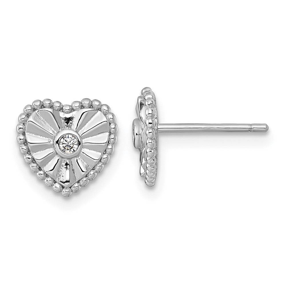 Sterling Silver RH-plated Polished and Textured CZ Heart Post Earrings
