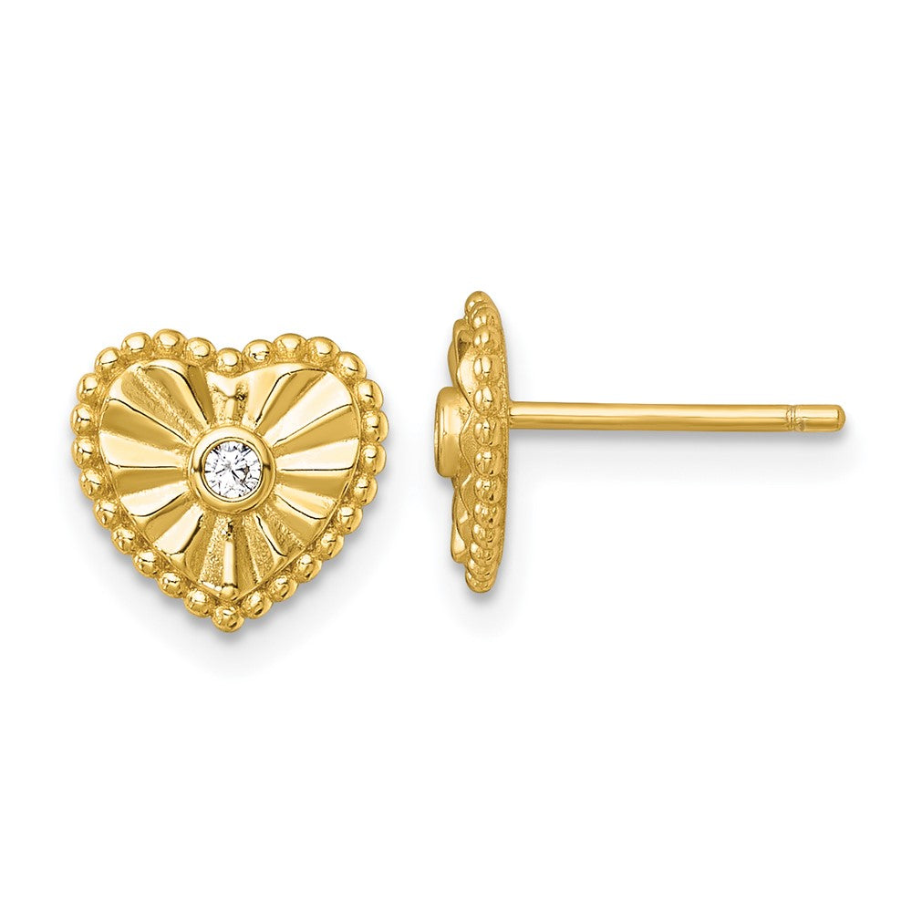 Sterling Silver Gold-tone Polished and Textured CZ Heart Post Earrings