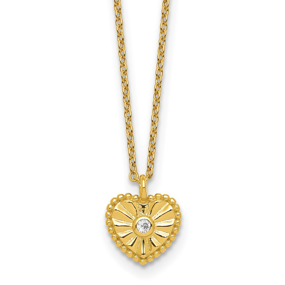 Sterling Silver Gold-tone Textured CZ Heart 16in w/2in Ext Necklace