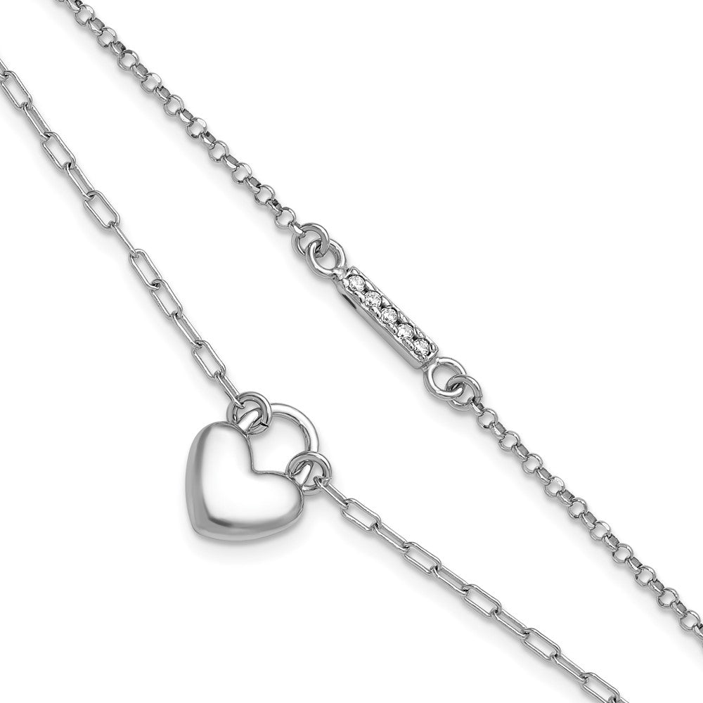 Sterling Silver Rhodium-plated CZ Puff Heart 7 w/1in ext 2-strand Bracelet