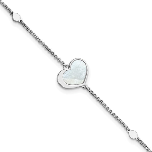 Sterling Silver Rhod-plated Mother of Pearl Heart 6.5in w/1in ext Bracelet
