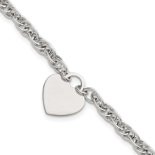 Sterling Silver Polished Fancy Engravable Heart 7in w/1in Ext Bracelet