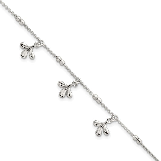 Sterling Silver Polished and Beaded 3 Leaf w/1in Ext Bracelet