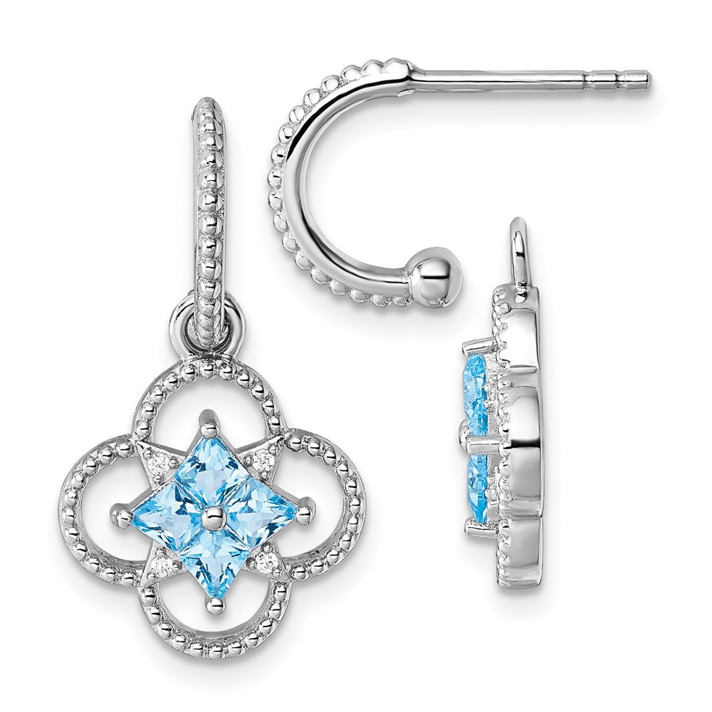 Sterling Silver RH-plated CZ Removeable Clover Hoop Post Dangle Earrings