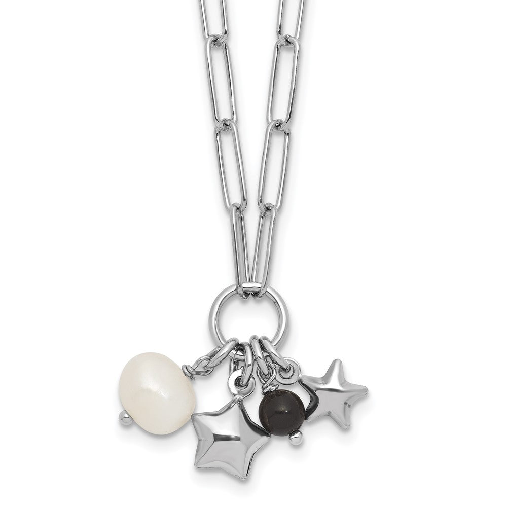SS RH-pl FWC Pearl/Star/Acrylic Bead 17.75in w/2in ext. Paperclip Necklace
