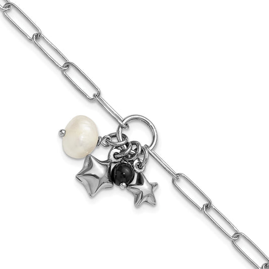 SS RH-pl FWC Pearl Stars Acrylic Bead 6.75in w/1in ext. Paperclip Bracelet