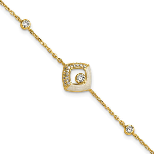 Sterling Silver Gold-tone CZ Enamel Square 7in w/.5in ext Bracelet
