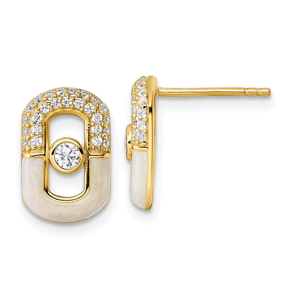 Sterling Silver Gold-tone CZ Enamel Rectangle Post Earrings