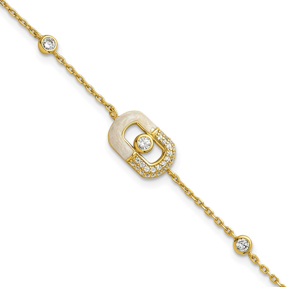 Sterling Silver Gold-tone CZ Enamel Rectangle 7inw/.5in ext Bracelet