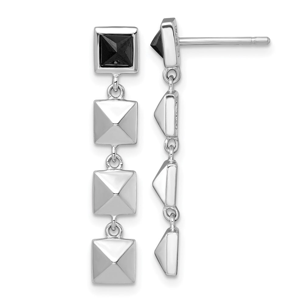 SS RH-plated Polished Squares Black CZ Post Dangle Earrings