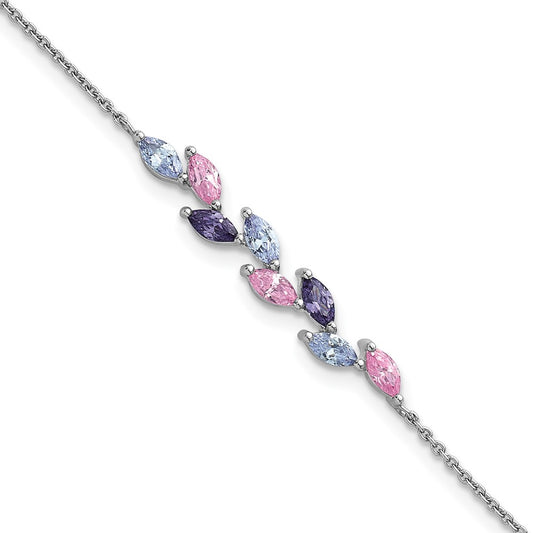 Sterling Silver RH-pltd Polished Fancy Pink & Purple CZ 7in Bracelet
