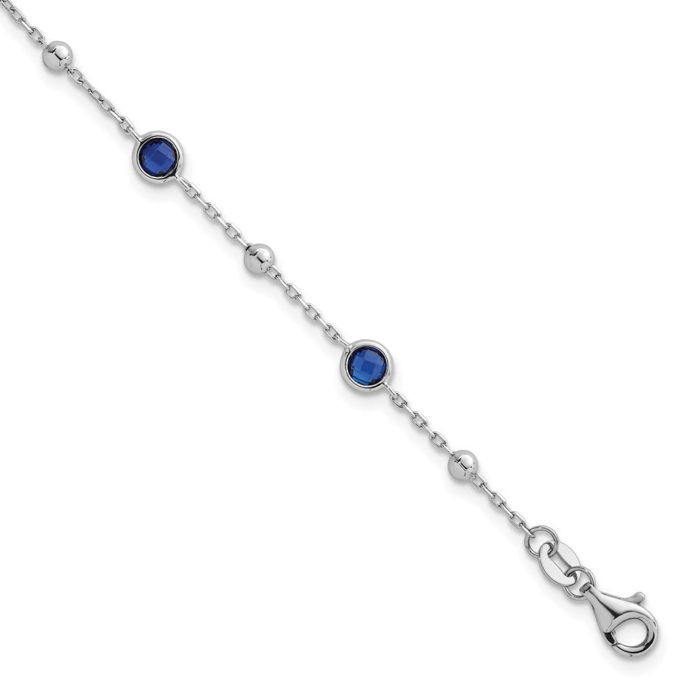 Sterling Silver RH-plated Beaded Blue CZ 7in w/1in Ext Bracelet