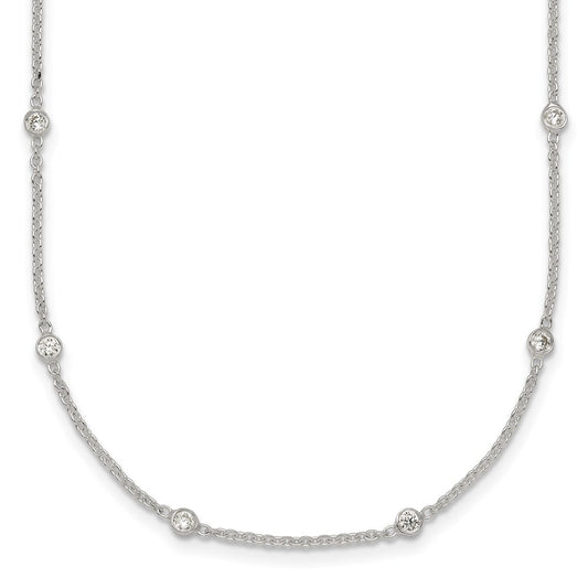Sterling Silver Polished CZ Station w/ 1in Ext Necklace