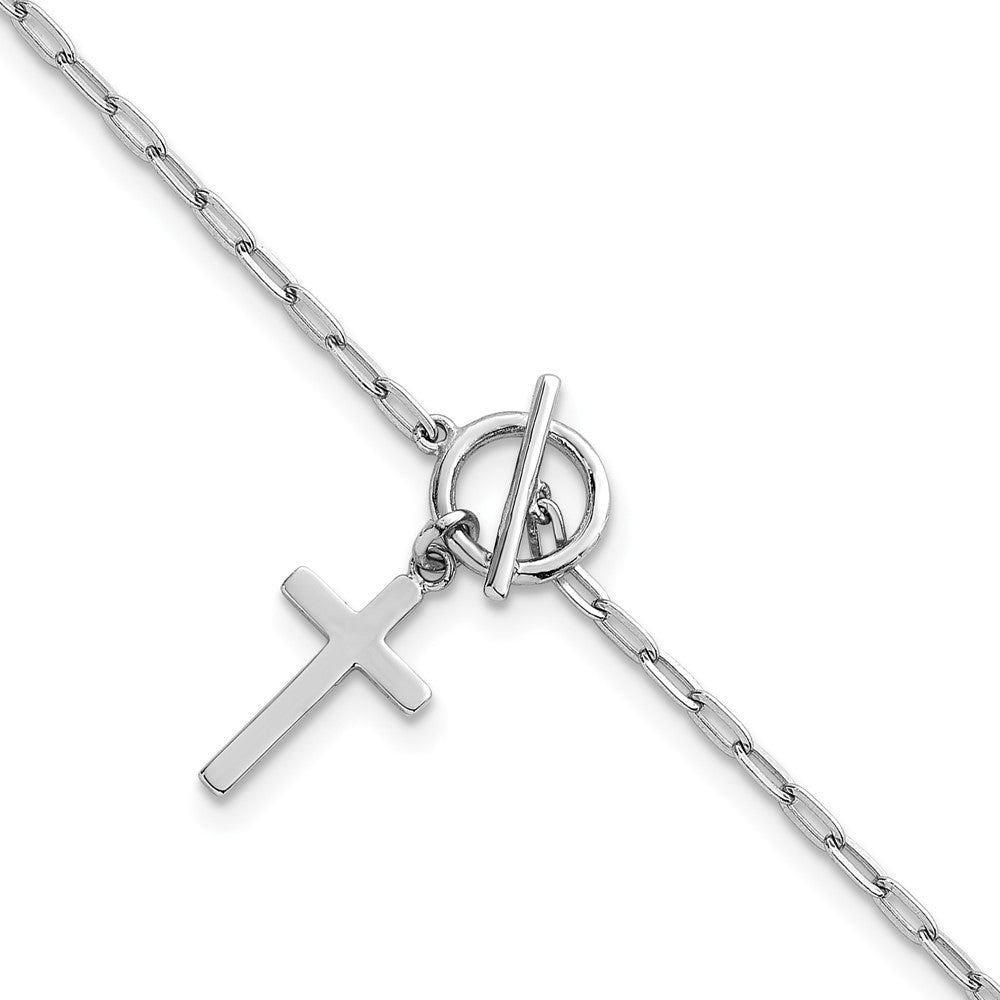 Sterling Silver RH-pltd Cross Paperclip Link 6.5in w/1in Ext Bracelet