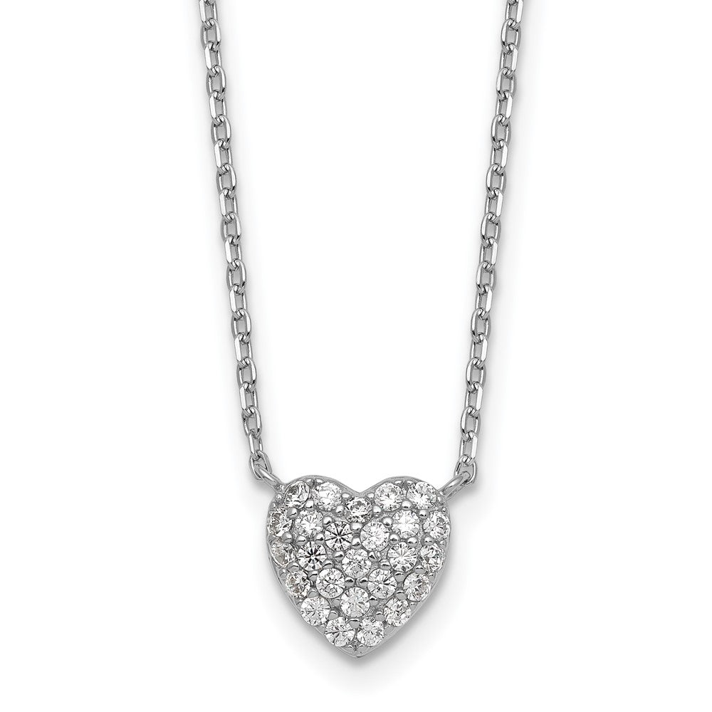 Sterling Silver RH-plated Polished Pave CZ Heart 16in w/2in Ext Necklace